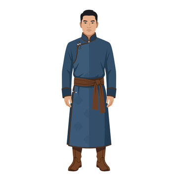 A flat vector illustration of a man dressed in a traditional Mongolian deel, a long, belted tunic with long sleeves, standing in a neutral pose.