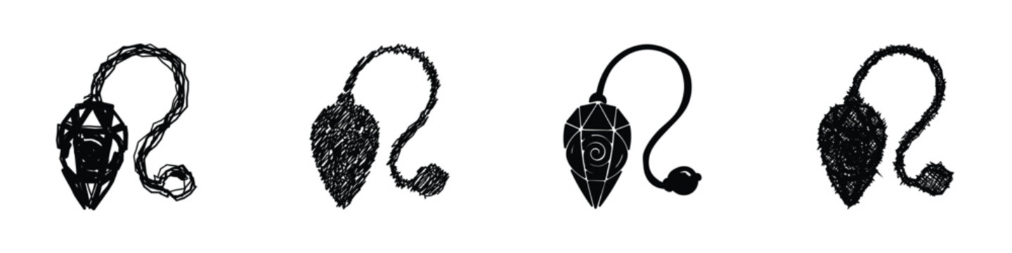 A set of four black and white pendulum icons showcasing varied artistic interpretations from sketchy to solid silhouettes