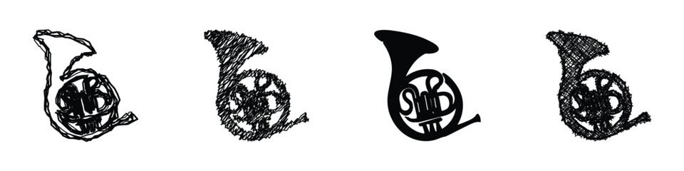 A set of four distinct artistic interpretations of a French horn, showcasing different drawing techniques and styles © Vova7