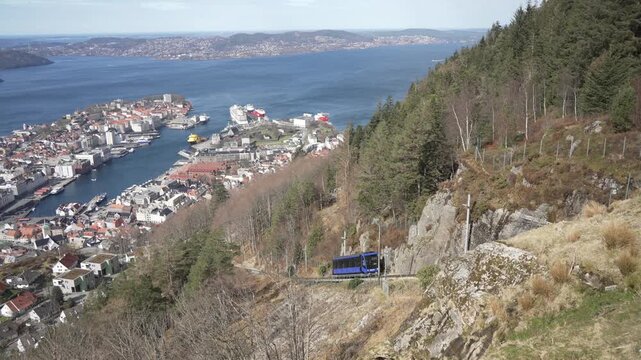 View of funicular and Bergen from Fl&Atilde;&cedil;yen Panorama viewpoint on a sunny day, Bergen, Vestland, Norway, Scandinavia, Europe