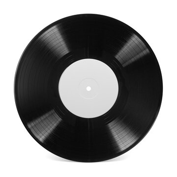 Black 10-inch EP vinyl record with blank label isolated. showcasing vintage analog sound. Transparent PNG image.