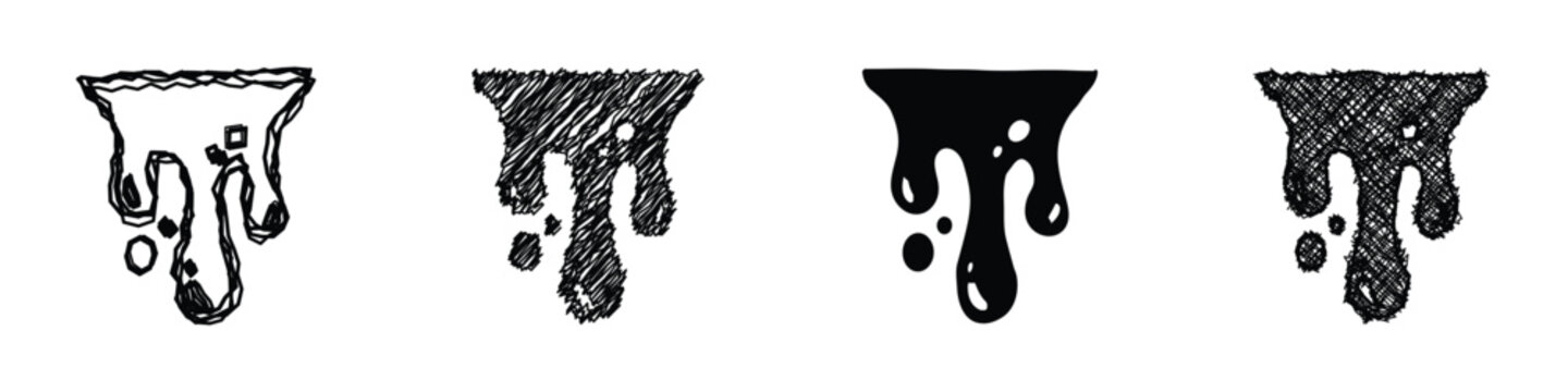 Collection of four distinct graphic representations of liquid dripping, showcasing different artistic interpretations and textures