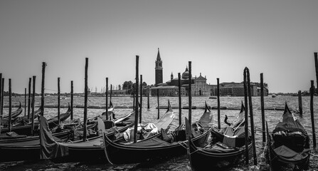 Venetian Lagoon with Gondolas and San Giorgio Maggiore in Black and White - Venice, Italy © Pedro