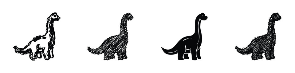 A set of four unique dinosaur drawings, showcasing different textures and artistic interpretations from simple sketches to solid silhouettes © Vova7