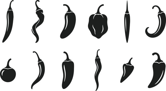 Set of black chili pepper icons, various shapes and sizes of hot spicy peppers