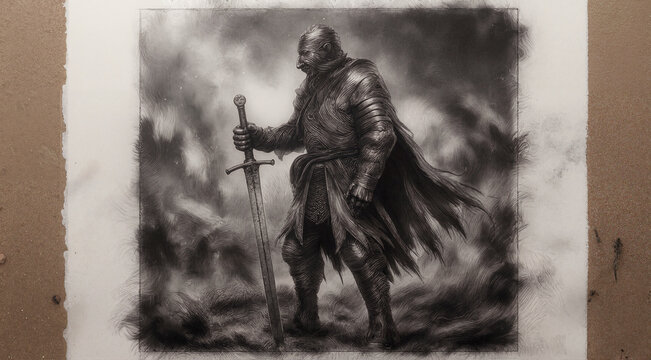 Charcoal drawing of a medieval knight with sword. Dark fantasy warrior sketch on textured paper.