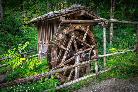 Rustic watermill turning in a japanese forest landscape