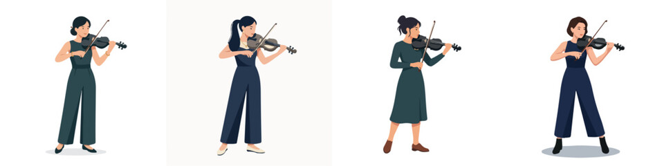 Obraz premium Collection of four women playing violin in various outfits for classical music performances and artistic vector illustrations