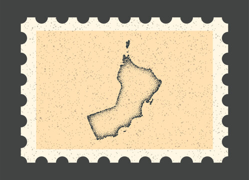 Vintage postage stamp with Oman map. Retro dotted stipple vector illustration of country borders on textured paper background illustration backdrop