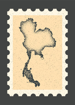 Vintage postage stamp with Thailand map. Retro dotted stipple vector illustration of country borders on textured paper background illustration backdrop