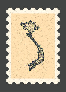Vintage postage stamp with Vietnam map. Retro dotted stipple vector illustration of country borders on textured paper background illustration backdrop