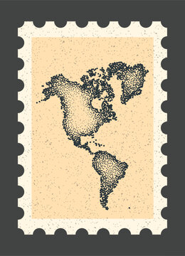 Vintage postage stamp with Continent America, North and South America map. Retro dotted stipple vector illustration of country borders on textured paper background illustration backdrop