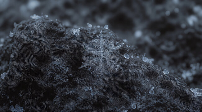 Macro snowflake on dark soil. Close up of a delicate ice crystal resting on frozen winter ground.