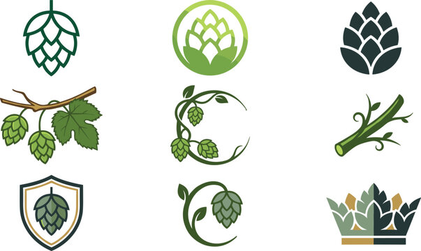 Green Beer Hops Vector Graphic Collection with Vine Leaves, Brewery Crown Badges, Shield Emblems, and Craft Alcohol Packaging Logo Design Elements