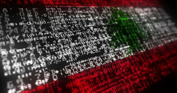 Lebanon flag waving secure code. Lebanese blowing banner cyber security attack and hack concept animation.