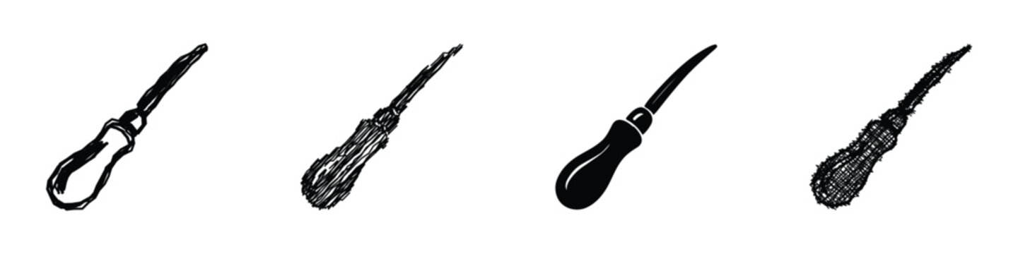 A collection of four awl tools, each rendered in a distinct artistic style, including sketch, scribble, and silhouette