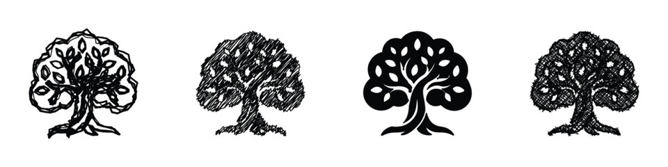 Fototapeta premium A set of four distinct tree illustrations, each rendered with unique artistic styles from sketchy to solid silhouette