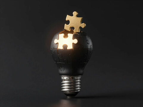Black light bulb with puzzle pieces representing brilliant business strategy innovation and creative problem solving solution concept isolated against dark background studio lighting commercial