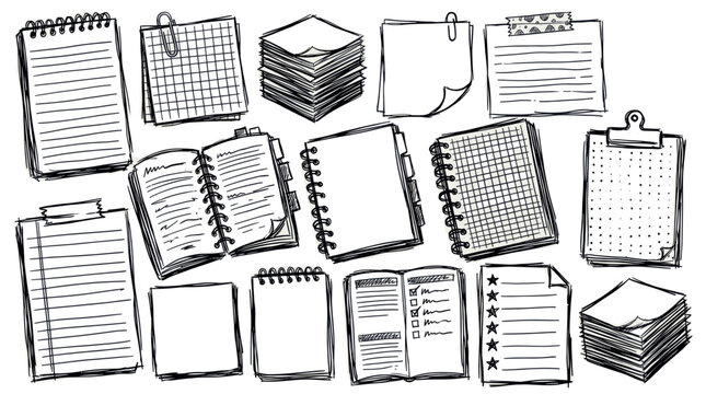 Various hand-drawn sketch notebooks, paper sheets, and notepads are arranged on a clean white background, creating a doodle-style office stationery collection