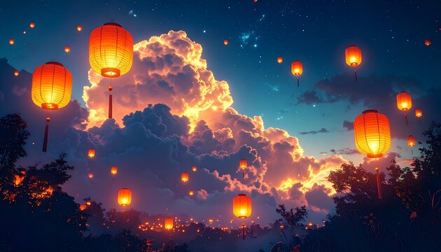 Glowing red lanterns floating among starry clouds above a nighttime forest