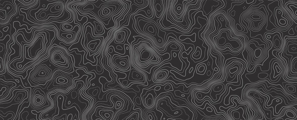 Black topographic map background. Abstract contour lines and terrain topography relief pattern vector for modern banner, minimal cover, and graphic design. © Khotij Design