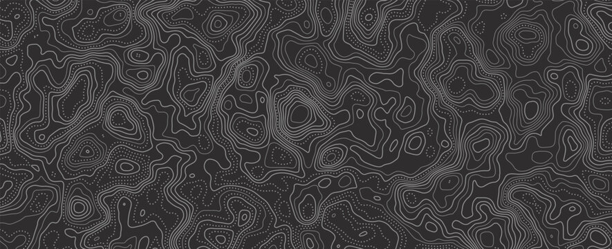Black topographic map background. Abstract contour lines and terrain topography relief pattern vector for modern banner, minimal cover, and graphic design.
