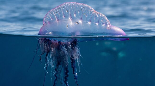 Physalia physalis Portuguese man o' war drifting on marine surface with specialized stinging tentacles