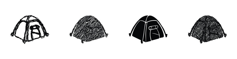 A set of four distinct tent graphics, ranging from simple line drawings to solid silhouettes and textured sketches, perfect for camping and outdoor themes © Vova7
