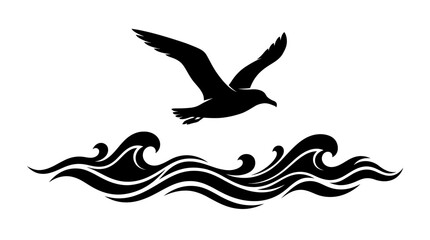 Naklejka premium Seagull And Waves Silhouette Against White Background