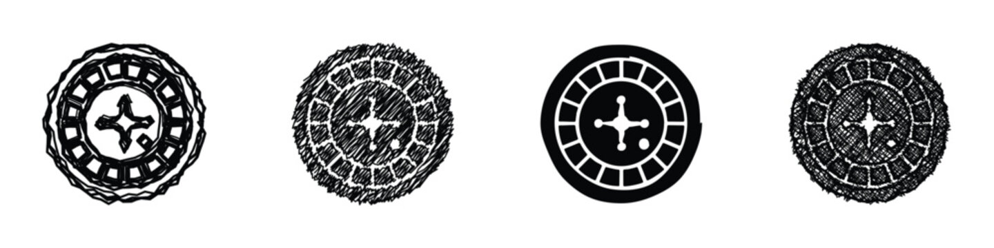A set of four roulette wheel icons showcasing different artistic interpretations, from sketched to solid black