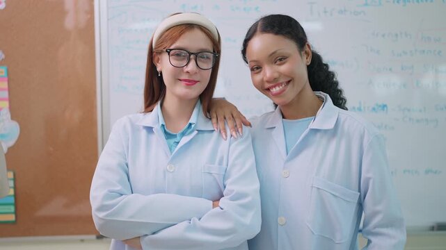 Two young medical students smile confidently in a lab setting. They wear white coats, stand close, one arm around the other. Human anatomy model stands beside them. The whiteboard behind shows notes