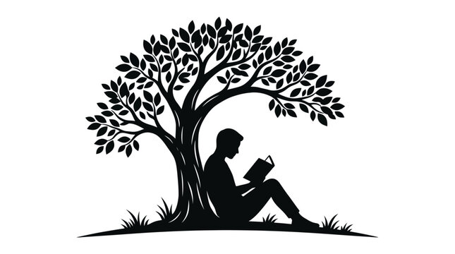 Silhouette of a person reading under a tree with grass