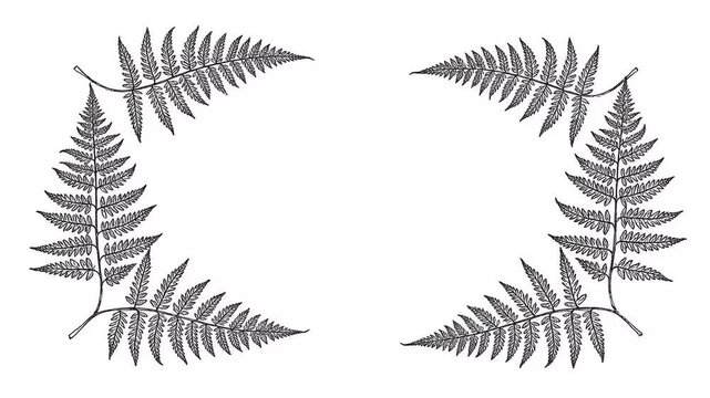 Four black and white fern leaf elements forming a decorative frame, motion graphic isolated on white