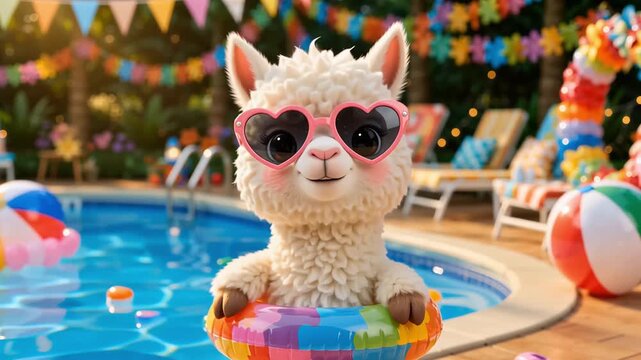 夏のプールパーティーでかわいいアルパカがハートのサングラスをかけ浮き輪をつけて手を振って楽しんでいる様子を捉えた3Dカートゥーンアニメーション