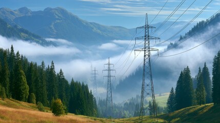 Obraz premium Serene Landscape with Power Lines Stretching Over Rolling Hills and Misty Forests Under Bright Blue Sky Near Majestic Mountains