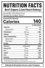 Fototapeta premium nutrition facts vector label template for beef organs featuring liver, heart, kidney