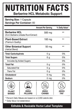 nutrition facts vector label template for berberine hcl metabolic support