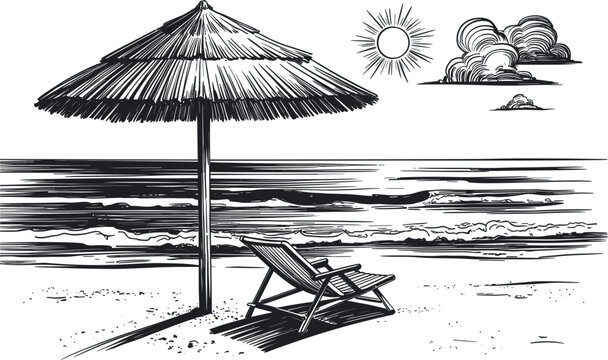 Hand drawn retro beach resort vector elements, vintage line art sketch tropical summer vacation graphic illustration