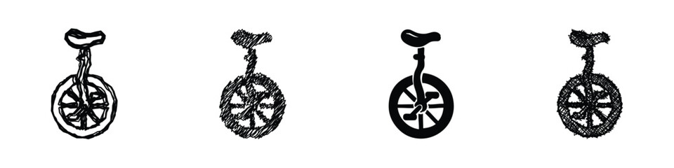 A set of four unicycle icons showcasing diverse artistic interpretations, from hand-drawn sketches to clean vector graphics, representing a single-wheeled vehicle © Vova7