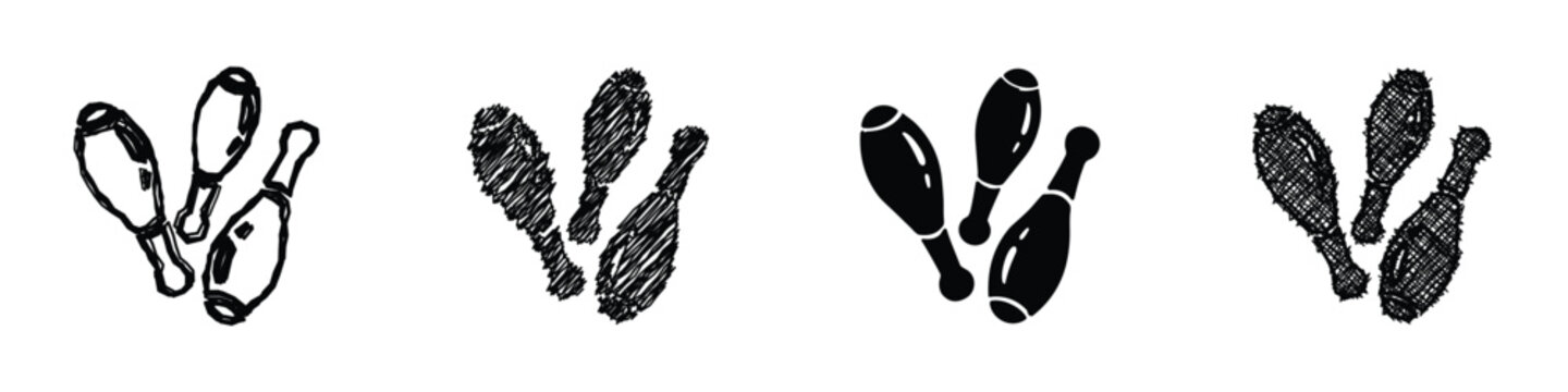 Collection of stylized bowling pin graphics, including hand-drawn and silhouette versions, representing the sport of bowling