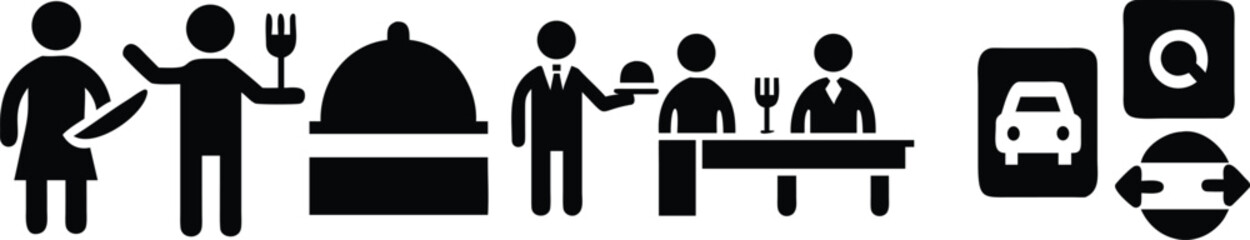 Set of black depicting restaurant service, dining people, waiter with food tray, and transportation symbols on a white background © Sumaiya
