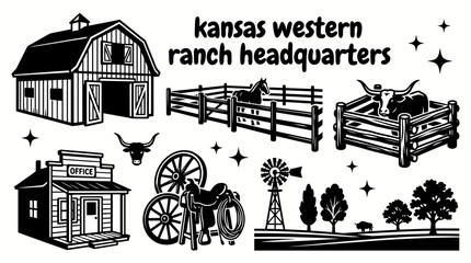 cowboy ranch headquarters in kansas featuring wooden corrals horse barns cattle pens ranch office western equipment storage and authentic frontier architecture creating a classic ranching © samira