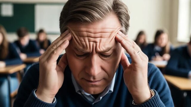 Teacher Under Pressure A male teacher appearing stressed and overwhelmed clutches his temples in a classroom setting with blurred students in the background
