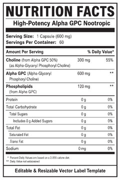 nutrition facts vector label template for high-potency alpha gpc nootropic supplement