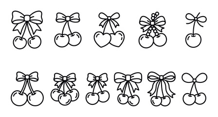 Fototapeta premium Various black outline cherry and bow icons are arranged in rows on a clean white background, creating a simple pattern