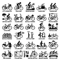 Obraz premium Bicycle Icons Set: Types of Bikes, Cycling Gear, and Accessories