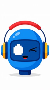 Cute blue robot head mascot wearing red headphones.