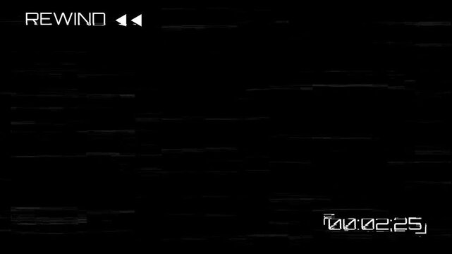 Analog vhs rewind screen with glitch effect and timecode