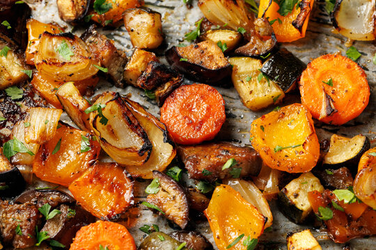 Sweet Balsamic Roasted Vegetables on Baking Sheet