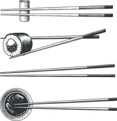 Hand drawn sushi and chopsticks vector elements, vintage line art sketch Japanese food graphic set © Md